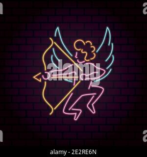 Bright vector neon cupid shooting at the heart with a bow Stock Vector