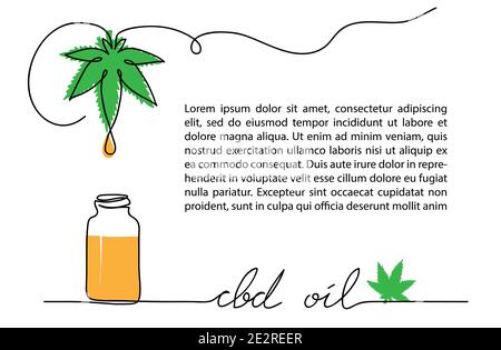 Cbd oil drop, bottle, hemp or cannabis leaf. One line vector illustration. Oil with cannabidiol background. Stock Vector
