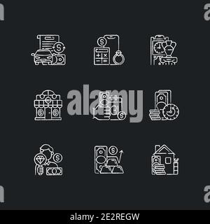 Pawnshop chalk white icons set on black background Stock Vector
