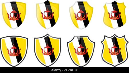 Vertical Brunei flag in shield shape, four 3d and simple versions. Stock Vector