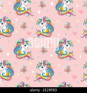 Magic seamless pattern with head of unicorn and butterflies isolated on pink background. Vector illustration for party, print, baby shower, wallpaper, Stock Vector