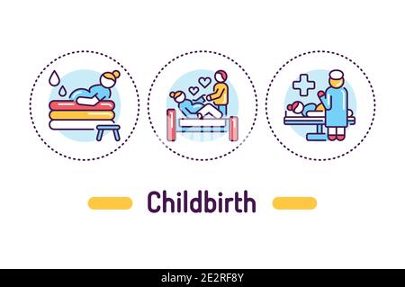 Childbirth outline concept. Maternity hospital service line color icons. Pictograms for web page, mobile app, promo. Stock Vector