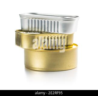 Three closed cans of sardines isolated on white background. Stock Photo