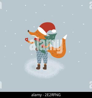 Fox in a New Years hat carries a Christmas tree in its paws. Snowing. Colorful vector illustration in cartoon style. Merry Christmas. Winter time. Cut Stock Vector