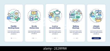 Workplace wellness examples onboarding mobile app page screen with concepts Stock Vector