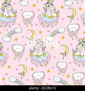 Vector seamless pattern. Cute baby unicorn with rainbow and clouds isolated on pink background. Illustration for party, print, baby shower, wallpaper, Stock Vector