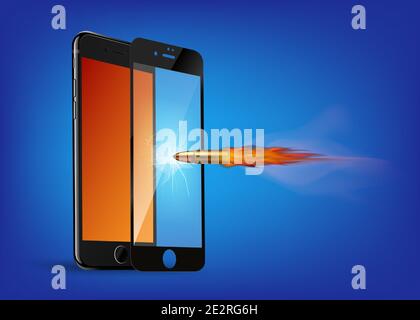 Shot a bullet in protective glass, a crack on glass. Vector screen protector film or glass cover isolated on grey background, mobile accessory. Stock Vector
