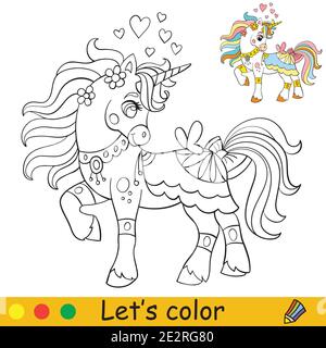 Cute unicorn with butterfly and hearts. Coloring book page with colorful template. Vector cartoon illustration isolated on white background. For color Stock Vector