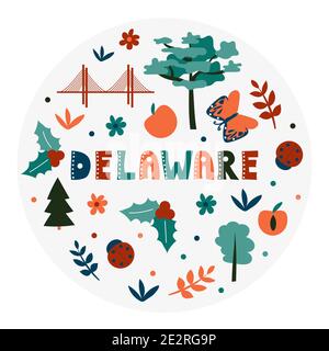 USA collection. Vector illustration of Delaware theme. State Symbols - round shape Stock Vector