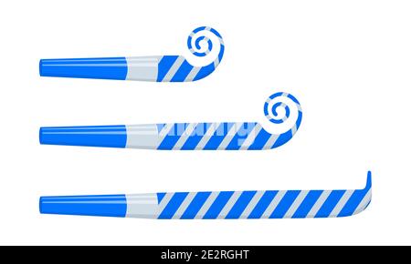 Rolled and unrolled party blowers, horns, noise makers, sound whistles isolated on white background. Side view. Christmas celebration, holidays, kids birthday concept. Vector cartoon illustration. Stock Vector