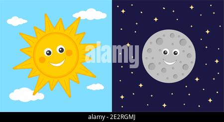 Day and night concept. Cute sun and moon characters. Sun on blue cloudy sky and moon on dark starry space background. Astronomy for kids. Vector cartoon illustration. Stock Vector