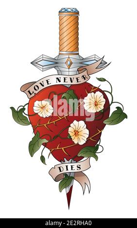 Heart tattoo with dagger, thorn, flowers, ribbon. Love never dies. Stock Vector