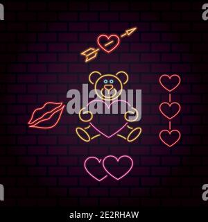 Set of neon illustrations hearts, teddy bear, lips Stock Vector