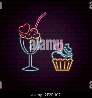 Bright vector neon cocktail and cupcake with a heart for lovers date Stock Vector