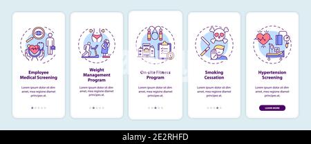 Top workplace wellness programs onboarding mobile app page screen with concepts Stock Vector