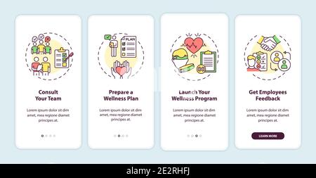 Workplace wellness success tips onboarding mobile app page screen with concepts Stock Vector