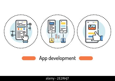 App development outline concept. Technology line color icons. Pictograms for web page, mobile app, promo Stock Vector