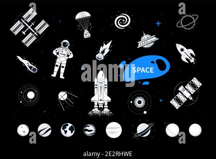 Space elements - modern flat design style objects on black background. Galaxy and astronomy idea. A collection of planets of solar system, astronaut, Stock Vector