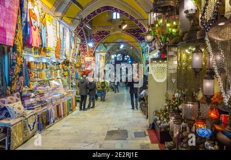 ISTANBUL, TURKEY - DECEMBER 29: Grand Bazaar on December 29, 2012 in Istanbul, Turkey. It's one of the largest and oldest covered markets in the world. Stock Photo