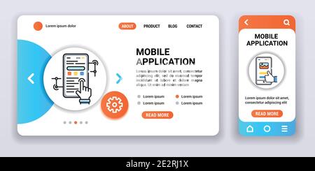 Mobile application web banner and mobile app kit. App development. Outline vector illustration Stock Vector