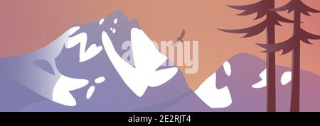 Nature with snowy mountains. Coniferous trees. Beautiful scenic landscape. Vector illustration. Stock Vector