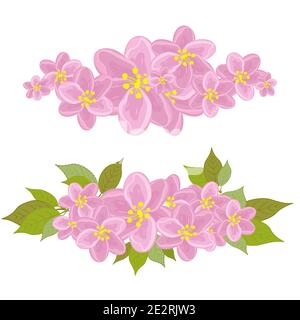A set of two wreaths with pink flowers. With leaves and no leaves. Flowers of plum, peach, cherry blossoms Stock Vector