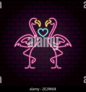 Neon sign two flamingos in love with a heart between Stock Vector
