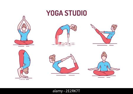 Yoga color line icons set. Different yoga poses and asanas. Pictogram for web page, mobile app, promo. UI UX GUI design element. Editable stroke. Stock Vector
