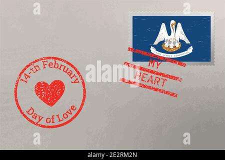 Postage stamp envelope with Louisiana US flag and Valentine s Day stamps, vector Stock Vector