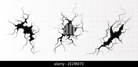 Ground cracks top view, earthquake cracking holes, ruined land surface crushed texture. Destruction, split, damage fissure effect after disaster isolated on transparent background. Realistic 3d vector Stock Vector