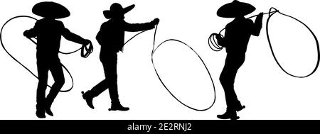 Mexican Cowboy doing rope tricks vector silhouette Stock Vector