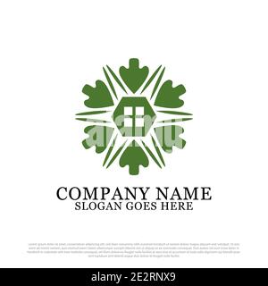 Green house with six leaf logo vector, farm house logo design template Stock Vector