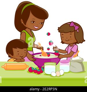 African mother and children cooking in the kitchen. Stock Photo