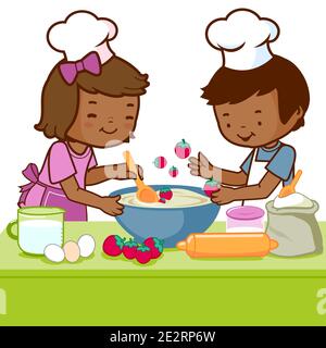 A little African boy and a little girl having fun and cooking together in the kitchen at home. Stock Photo