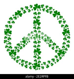 Shamrocks shaped a peace symbol. St. Patrick's Day. Different size clovers. Vector illustration for icon design element. Isolated on white background Stock Vector