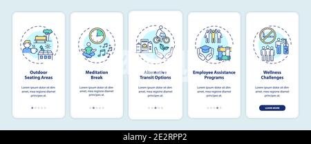 Workplace wellness practices onboarding mobile app page screen with concepts Stock Vector