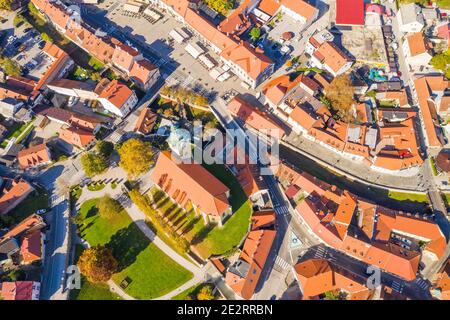 Town of Samobor in Croatia, cathedral tower bell from drone, overhead view Stock Photo