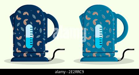 Blue electric kettle on stand. Tradition of festive tea drinking. Isolated vector in flat style Stock Vector