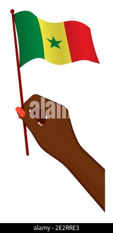 Female hand gently holds small flag of republic of Senegal. Holiday design element. Cartoon vector on white background Stock Vector