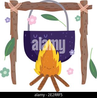 camping pot over a bonfire in cartoon style vector illustration Stock Vector