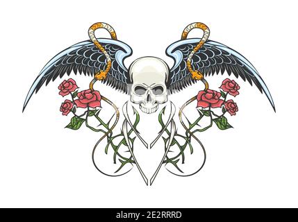 Colorful Tattoo of Human skull, snakes and rose branches. vector illustration. Stock Vector