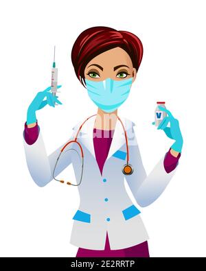 Female Physician with Syringe in her hand. Antiviral Vaccination vector illustration. Stock Vector