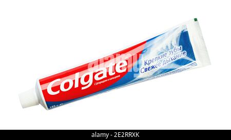 Ukraine, Kyiv - October 23. 2020: Colgate strong teeth fresh breath tooth paste on white background. Colgate is a brand of toothpaste produced by Colg Stock Photo