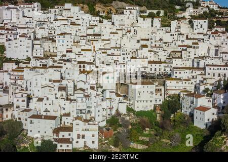 Casares is a town of whitewashed Moorish cliff-hugging buildings, one of White Towns of Andalusia, or Pueblos Blancos, in Málaga, Andalusia, Spain Stock Photo