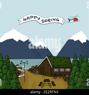 Blue Happy Spring text from helicopter in the sky, snow in mountains, wooden house with grass on the roof, christmas trees and rocks, river, birds, ci Stock Vector
