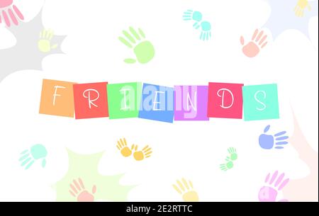 Happy Friendship Day background with cute little boys and girls illustration and colorful text Friends. Stock Vector