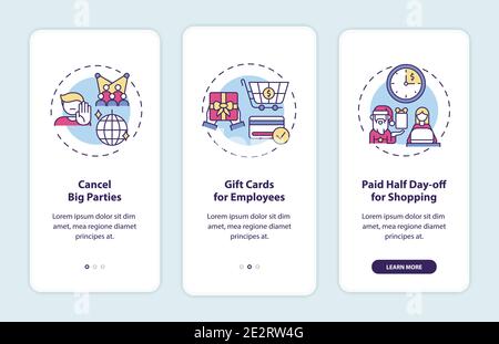 Office Christmas covid tips onboarding mobile app page screen with concepts Stock Vector