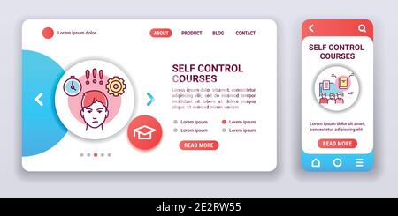 Self control courses web banner and mobile app kit. Psychologycal help. Outline vector illustration. Stock Vector