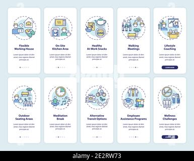 Corporate wellness onboarding mobile app page screen with concepts set Stock Vector