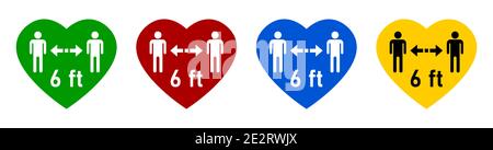 Set of Colorful Social Distancing Keep Your Distance 6 ft or 6 Feet Warning Heart Sign Icon in Green, Red, Blue and Yellow. Vector Image. Stock Vector